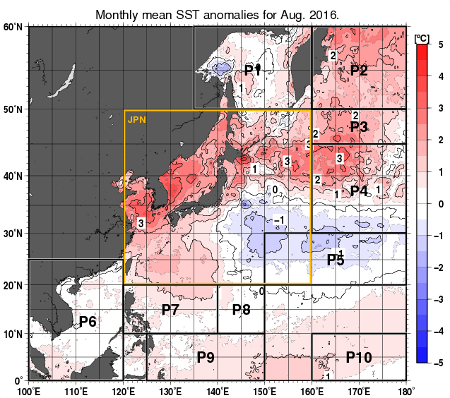 北西太平洋の月平均海面水温平年差分布図（2016年8月）