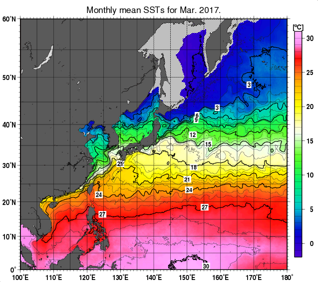 北西太平洋の月平均海面水温分布図（2017年3月）