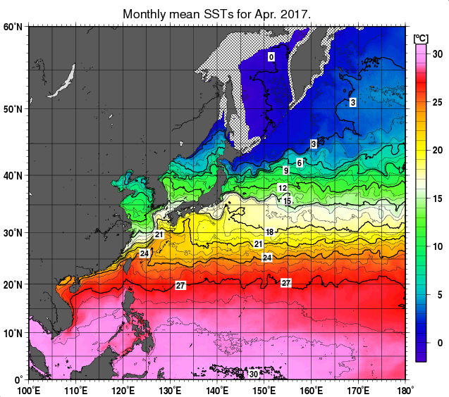 北西太平洋の月平均海面水温分布図（2017年4月）