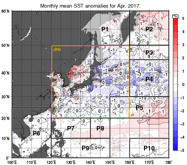 北西太平洋の月平均海面水温平年差分布図（2017年4月）