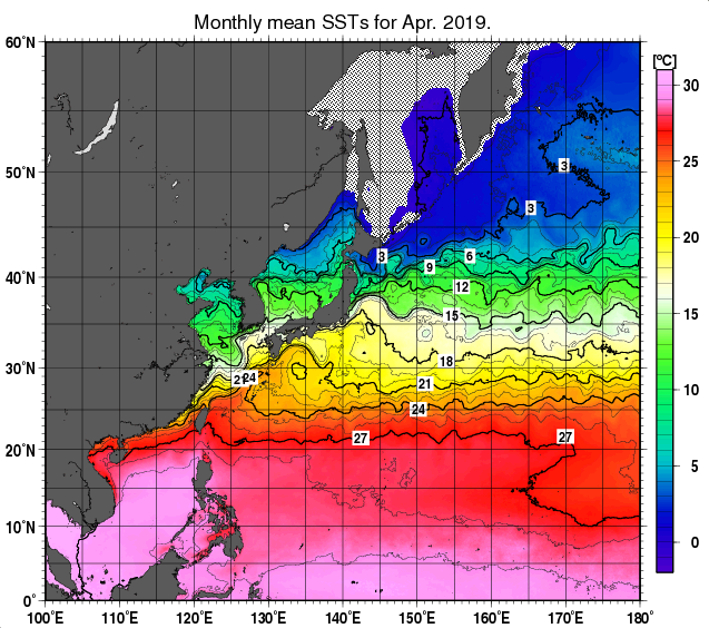 北西太平洋の月平均海面水温分布図（2019年4月）