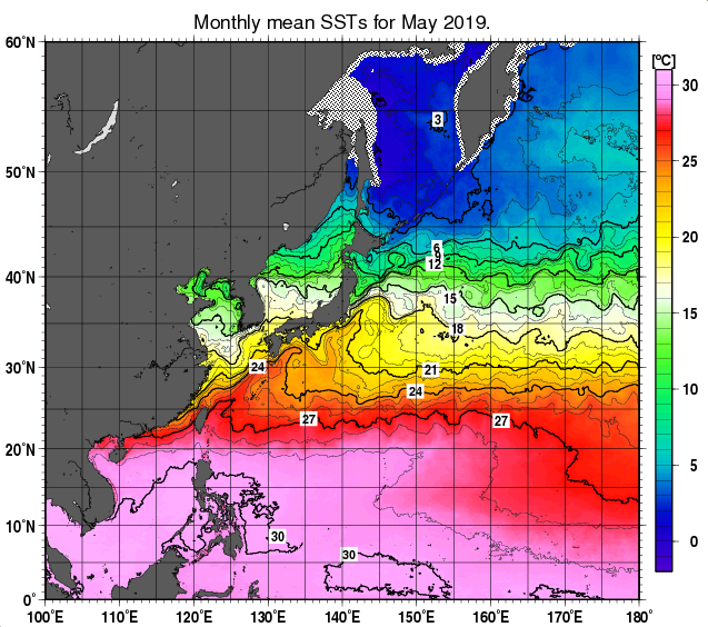 北西太平洋の月平均海面水温分布図（2019年5月）