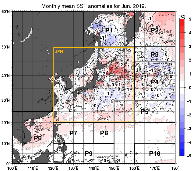 北西太平洋の月平均海面水温平年差分布図（2019年6月）