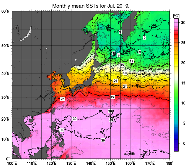 北西太平洋の月平均海面水温分布図（2019年7月）