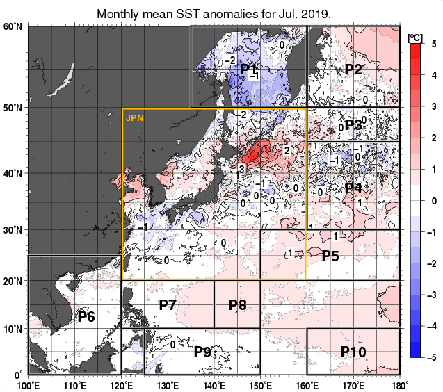 北西太平洋の月平均海面水温平年差分布図（2019年7月）