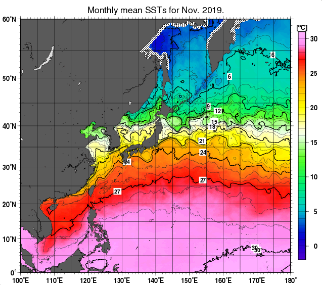 北西太平洋の月平均海面水温分布図（2019年11月）