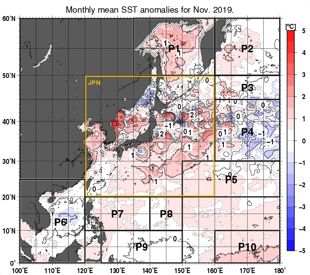 北西太平洋の月平均海面水温平年差分布図（2019年11月）
