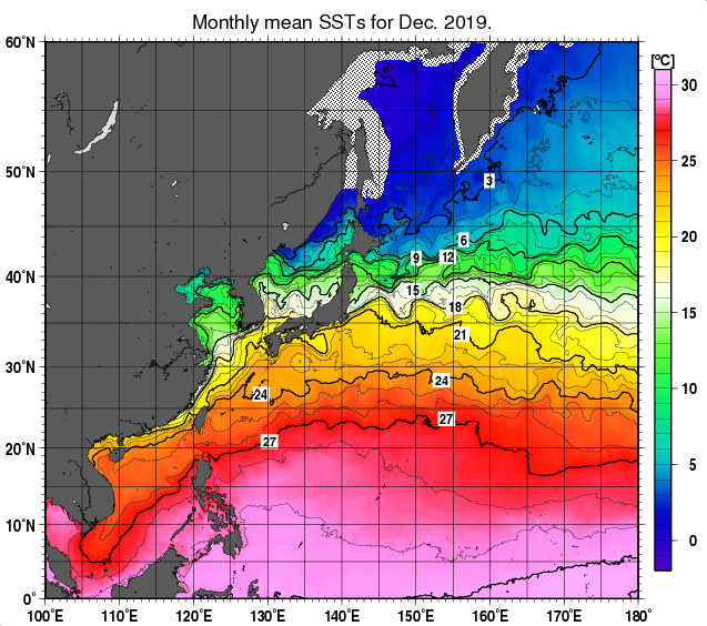 北西太平洋の月平均海面水温分布図（2019年12月）