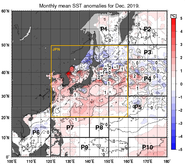 北西太平洋の月平均海面水温平年差分布図（2019年12月）