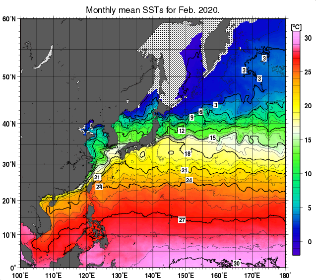 北西太平洋の月平均海面水温分布図（2020年2月）
