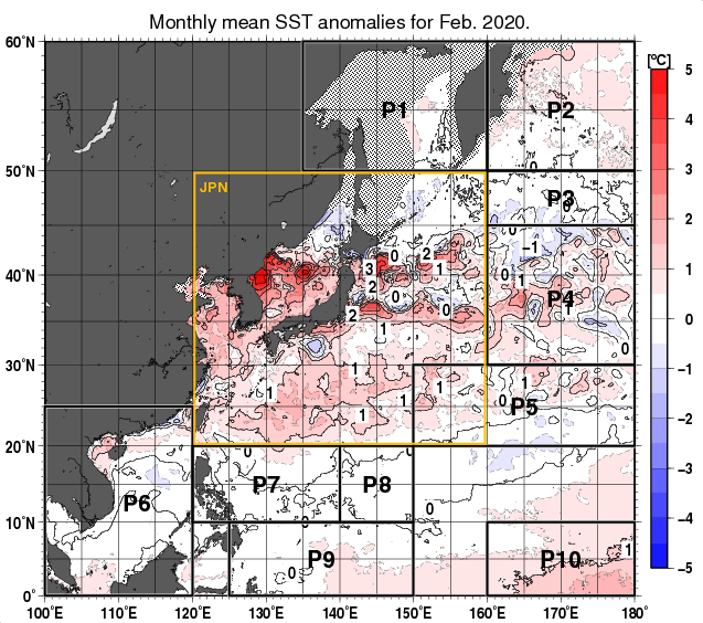 北西太平洋の月平均海面水温平年差分布図（2020年2月）