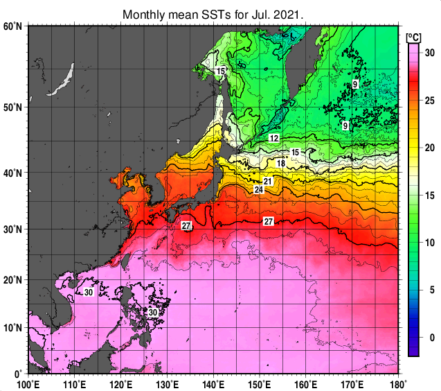 北西太平洋の月平均海面水温分布図（2021年7月）