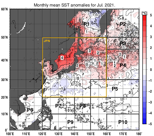 北西太平洋の月平均海面水温平年差分布図（2021年7月）