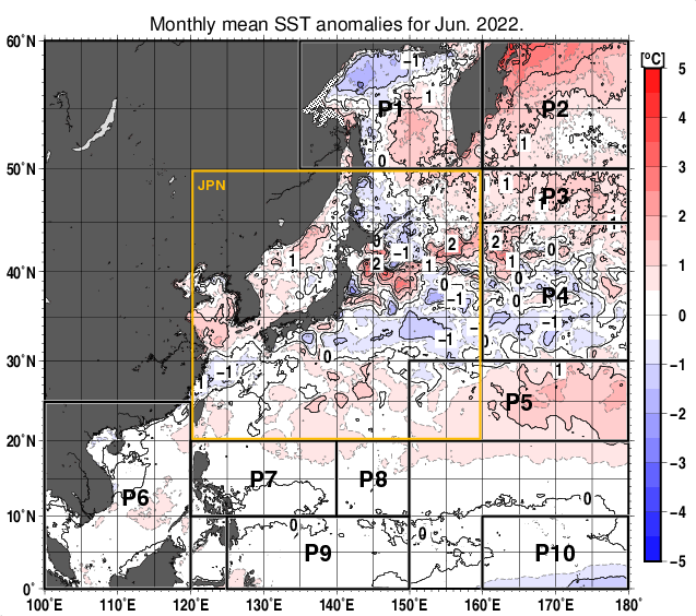 北西太平洋の月平均海面水温平年差分布図（2022年6月）