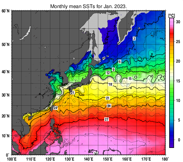 北西太平洋の月平均海面水温分布図（2023年1月）