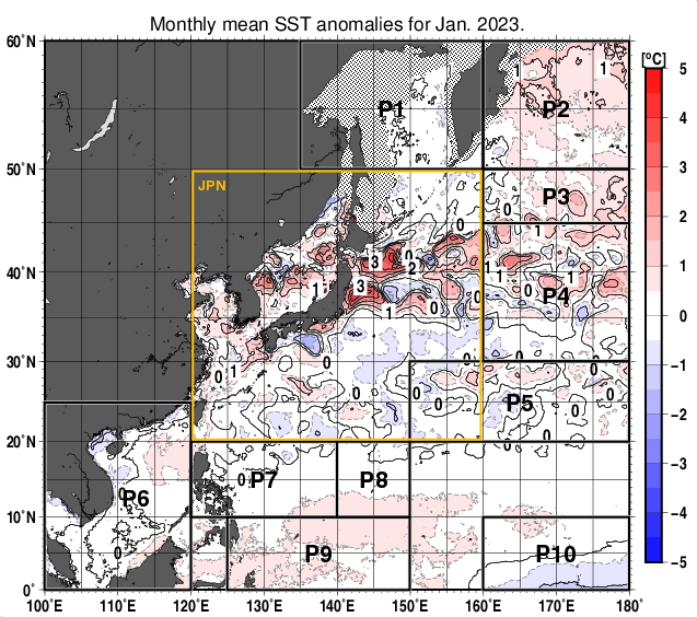 北西太平洋の月平均海面水温平年差分布図（2023年1月）
