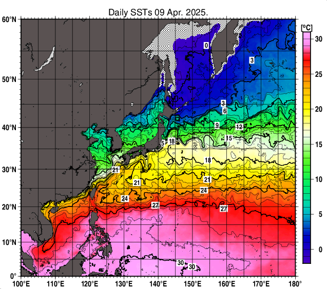 北西太平洋の海面水温分布図（4月9日）