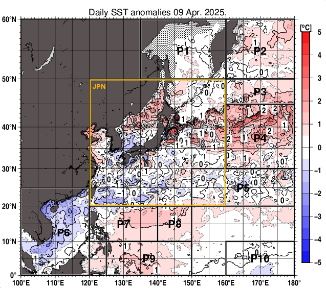 北西太平洋の海面水温平年差分布図（4月9日）