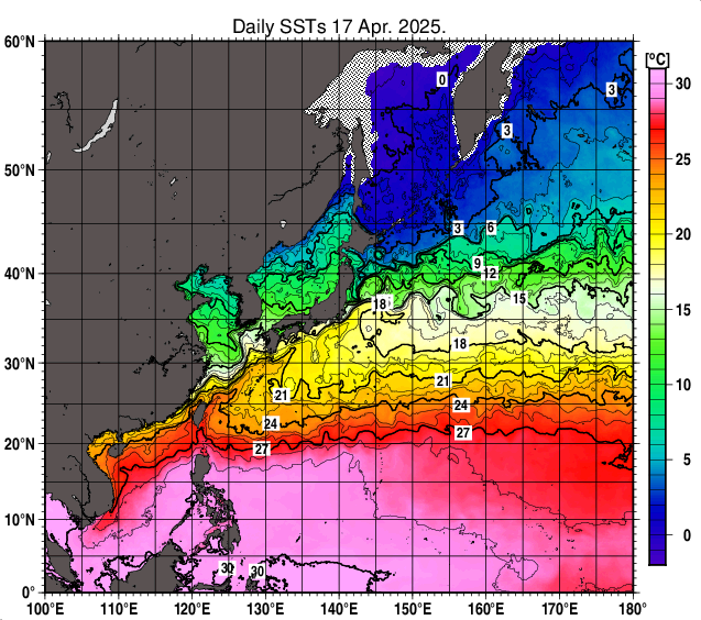 北西太平洋の海面水温分布図（4月17日）