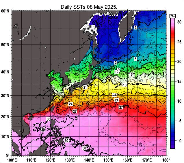 北西太平洋の海面水温分布図（5月8日）