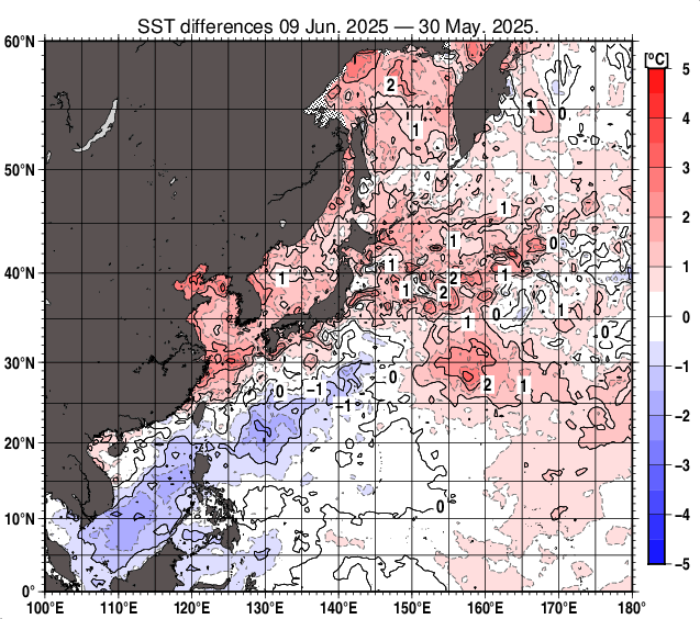 北西太平洋の10日間の海面水温変化量分布図（6月9日）