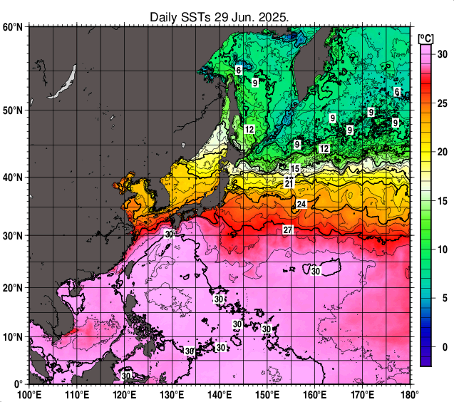 北西太平洋の海面水温分布図（6月29日）