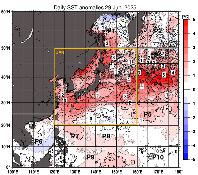 北西太平洋の海面水温平年差分布図（6月29日）