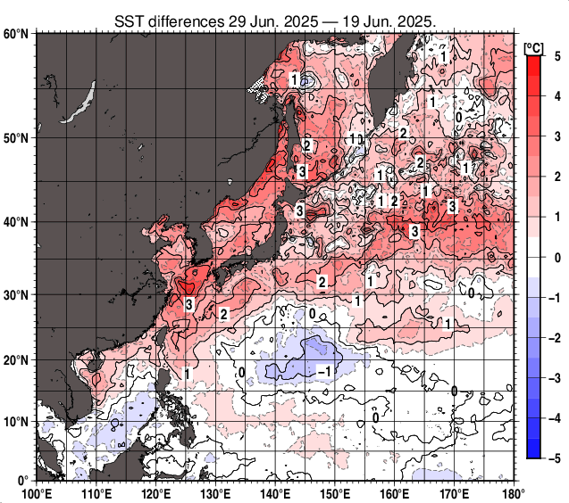 北西太平洋の10日間の海面水温変化量分布図（6月29日）