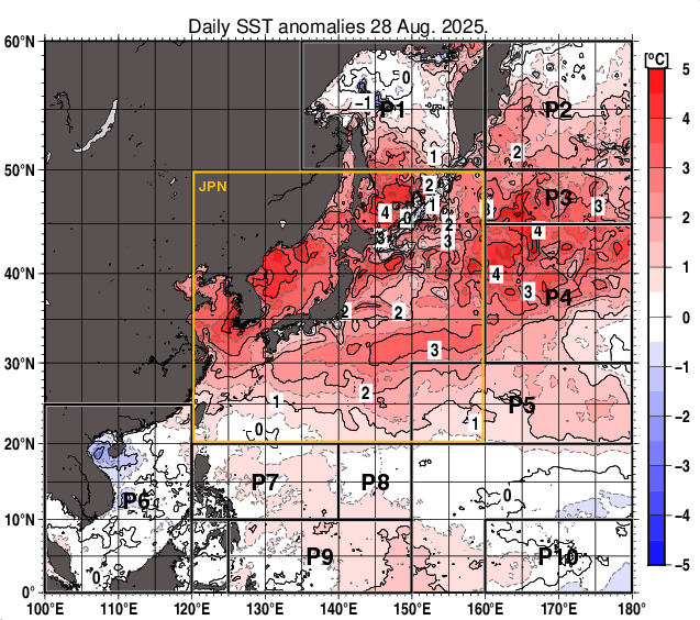 北西太平洋の海面水温平年差分布図（8月28日）