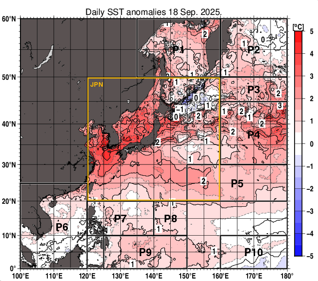 北西太平洋の海面水温平年差分布図（9月18日）