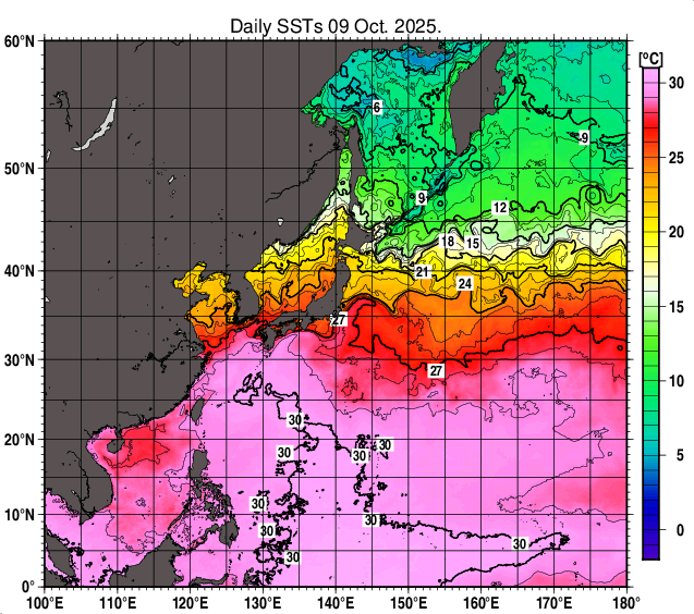 北西太平洋の海面水温分布図（10月9日）