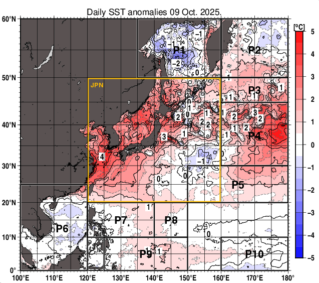 北西太平洋の海面水温平年差分布図（10月9日）