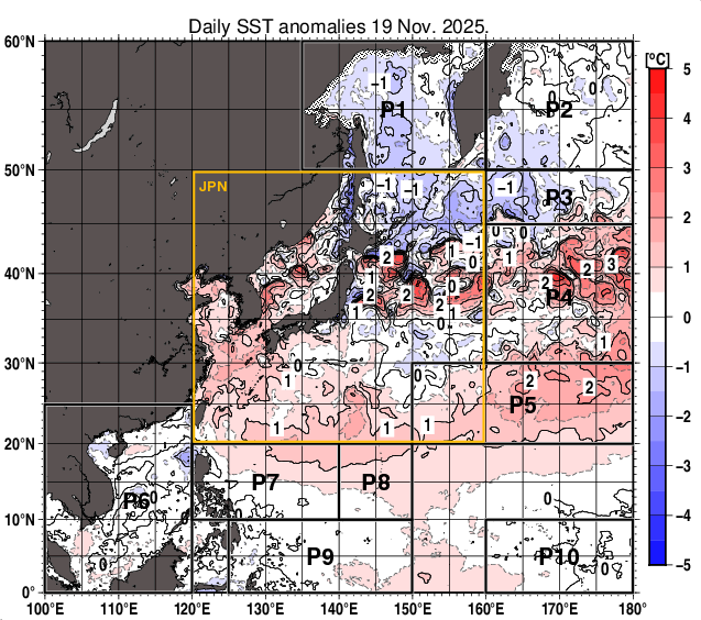 北西太平洋の海面水温平年差分布図（11月19日）