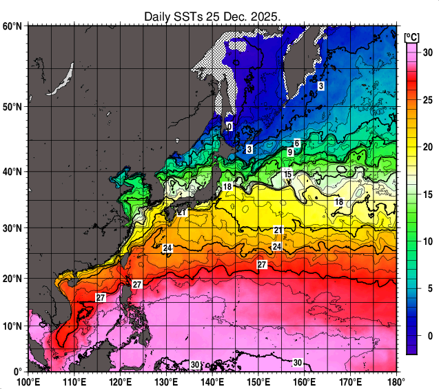 北西太平洋の海面水温分布図（12月25日）