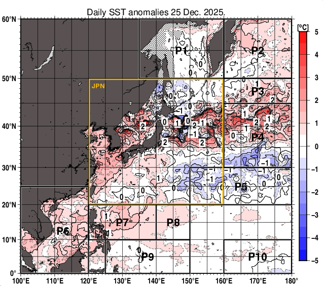 北西太平洋の海面水温平年差分布図（12月25日）