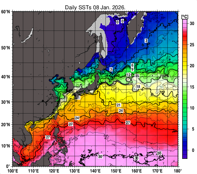 北西太平洋の海面水温分布図（1月8日）