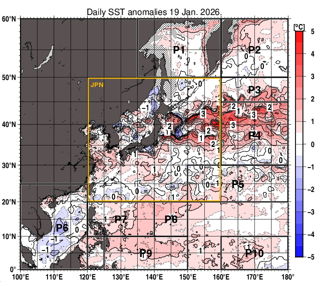 北西太平洋の海面水温平年差分布図（1月19日）