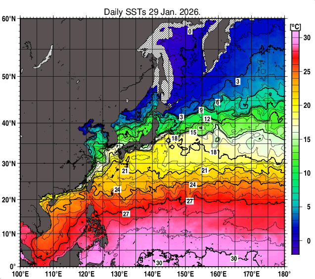 北西太平洋の海面水温分布図（1月29日）