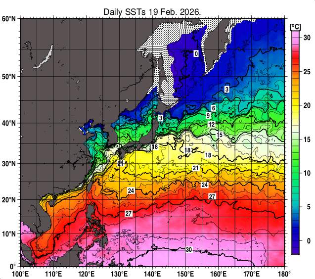 北西太平洋の海面水温分布図（2月19日）