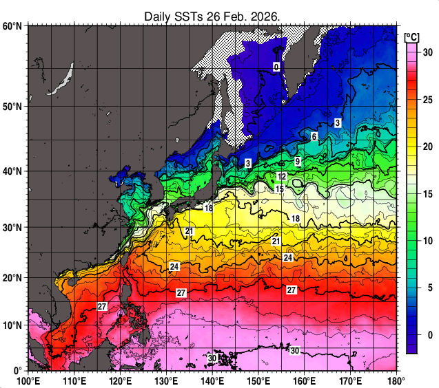 北西太平洋の海面水温分布図（2月26日）