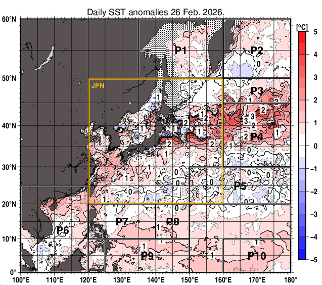北西太平洋の海面水温平年差分布図（2月26日）