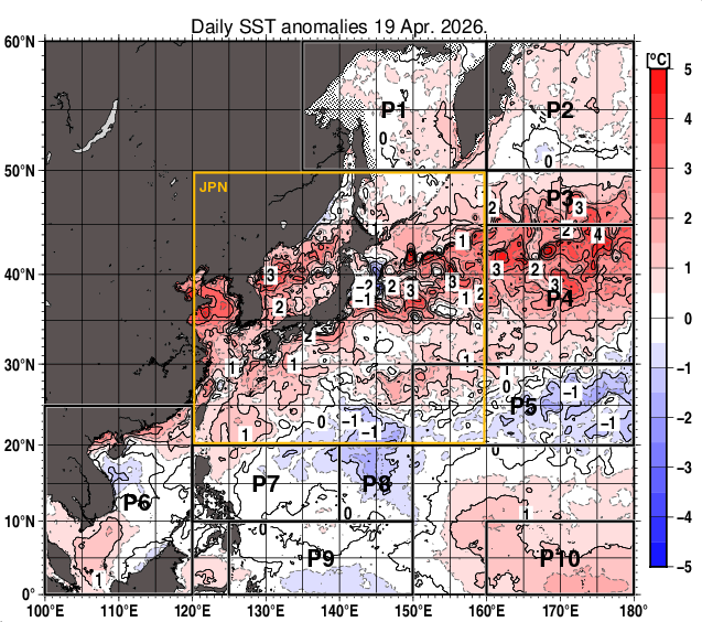 北西太平洋の海面水温平年差分布図（4月19日）