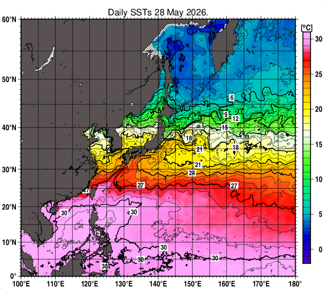 北西太平洋の海面水温分布図（5月28日）