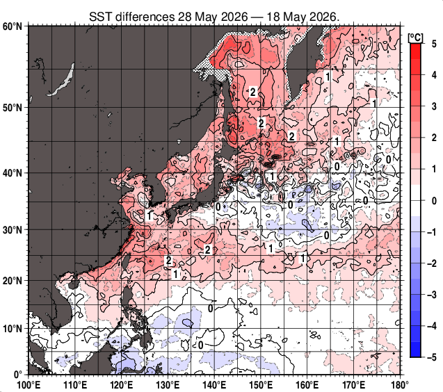 北西太平洋の10日間の海面水温変化量分布図（5月28日）