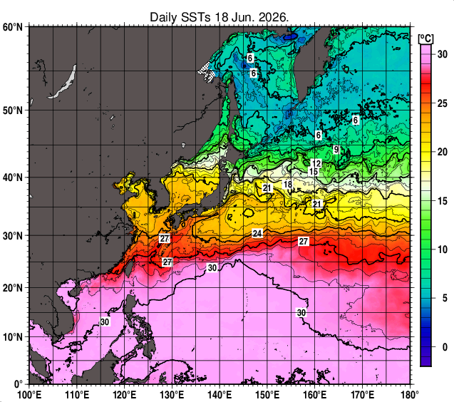 北西太平洋の海面水温分布図（6月18日）