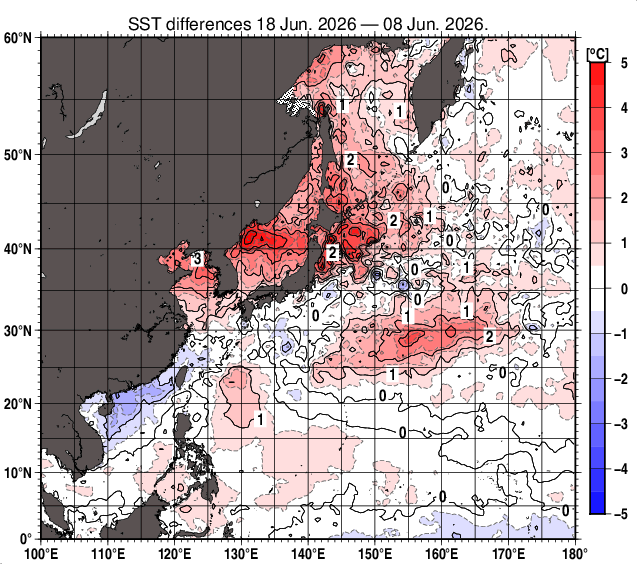 北西太平洋の10日間の海面水温変化量分布図（6月18日）