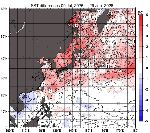 北西太平洋の10日間の海面水温変化量分布図（7月9日）