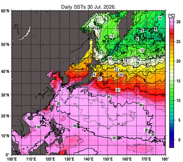 北西太平洋の海面水温分布図（7月30日）