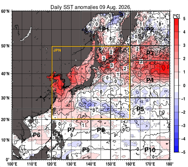 北西太平洋の海面水温平年差分布図（8月9日）