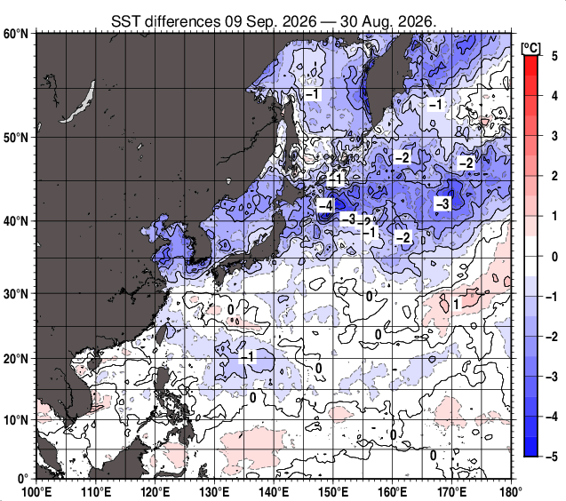 北西太平洋の10日間の海面水温変化量分布図（9月9日）